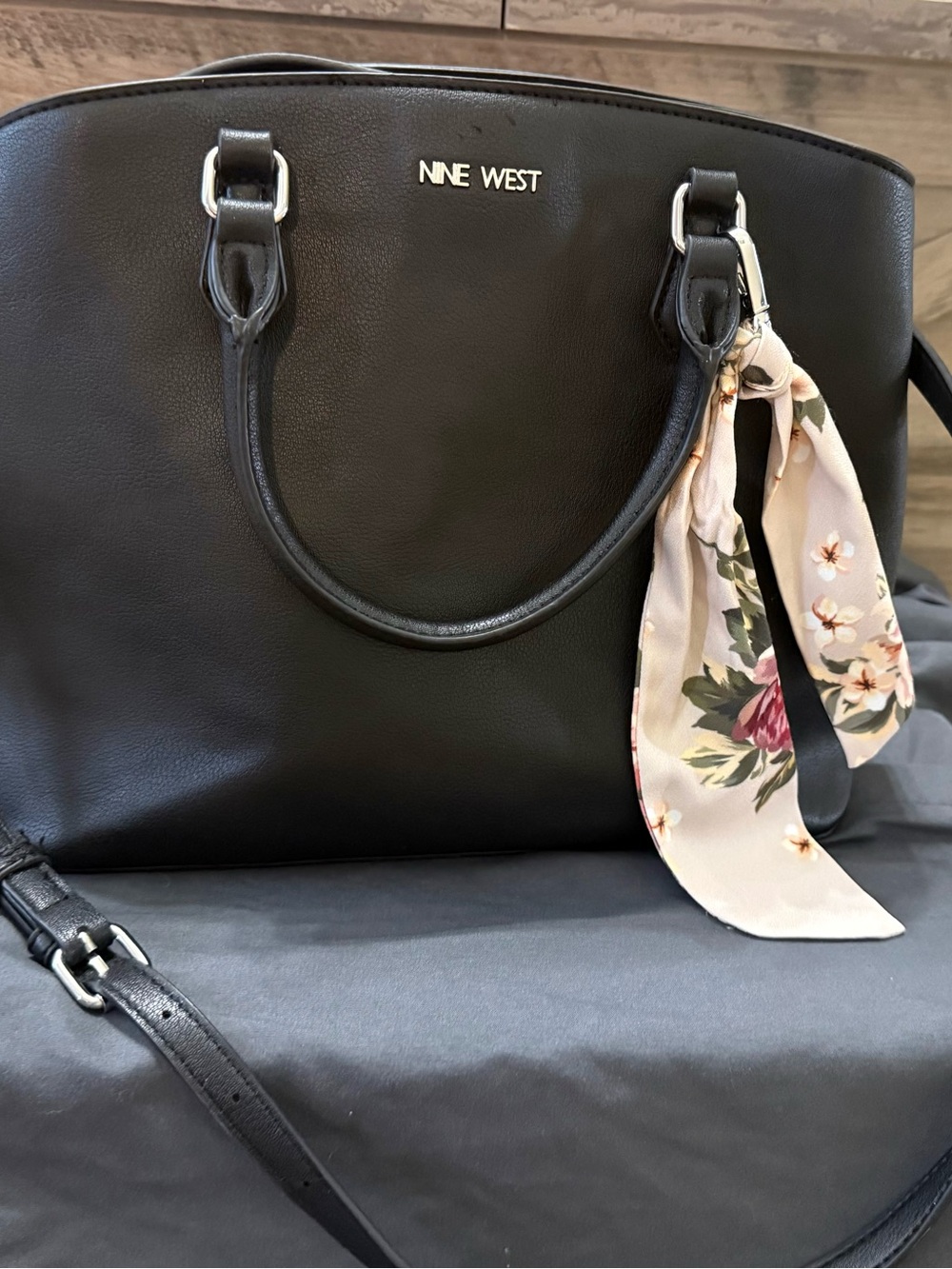 Nine West Black Satchel with Floral Scarf Accent
